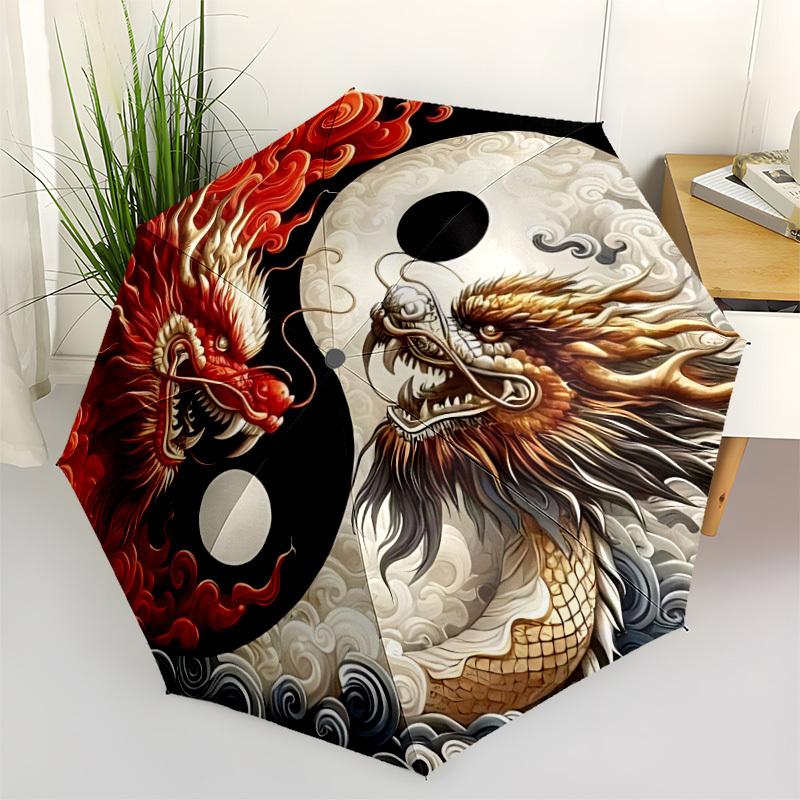 1pc YinYang Dragons Automatic Folding Umbrella, 8-Rib Sturdy Canopy, Portable Travel Umbrella for Outdoor Use, Perfect Hallowe
