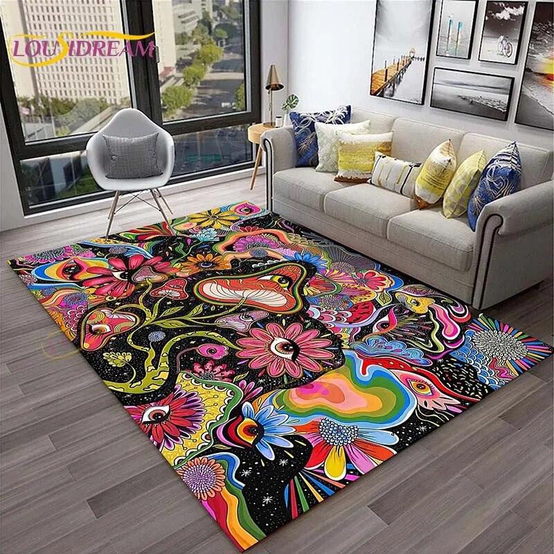 3D Starry Botanical Sun Moonlit Mushroom Rug Floral Hippie Moon Phase Carpet for Aesthetic Bedroom Living Room Vintage Game Mat