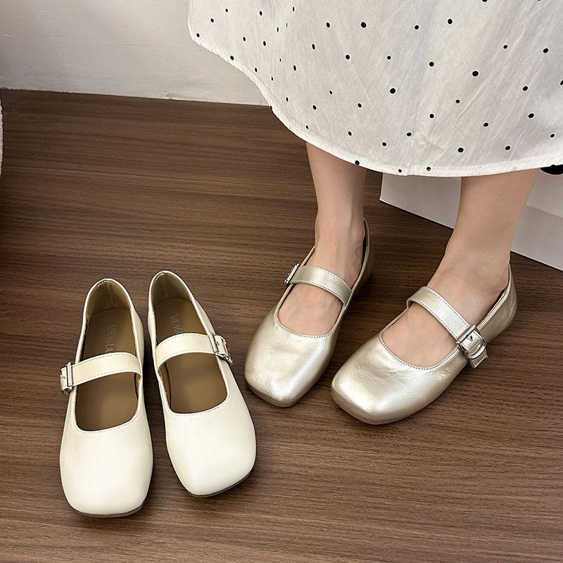 2025 Spring and Autumn New French Mary Jane Single Shoes Women's Korean Version Square Head One Pedal Shallow Mouth Flat Bottom Doudou Women's Shoes