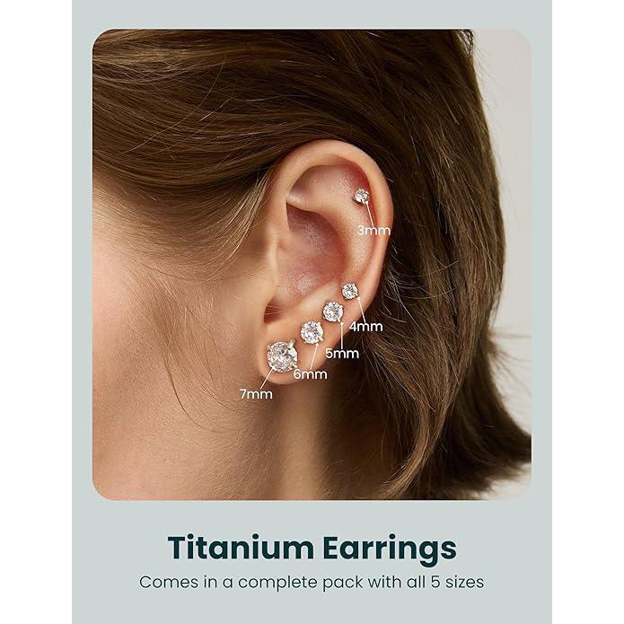Kolip 6 Pairs Stud Earrings Set, 316L Earrings Stainless Steel CZ Earrings 3-8mm
