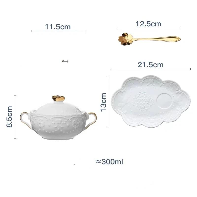 European Embossed Butterfly Ceramic Bowl with Lid & Double Handles, Breakfast, Dessert & Oatmeal Bowl