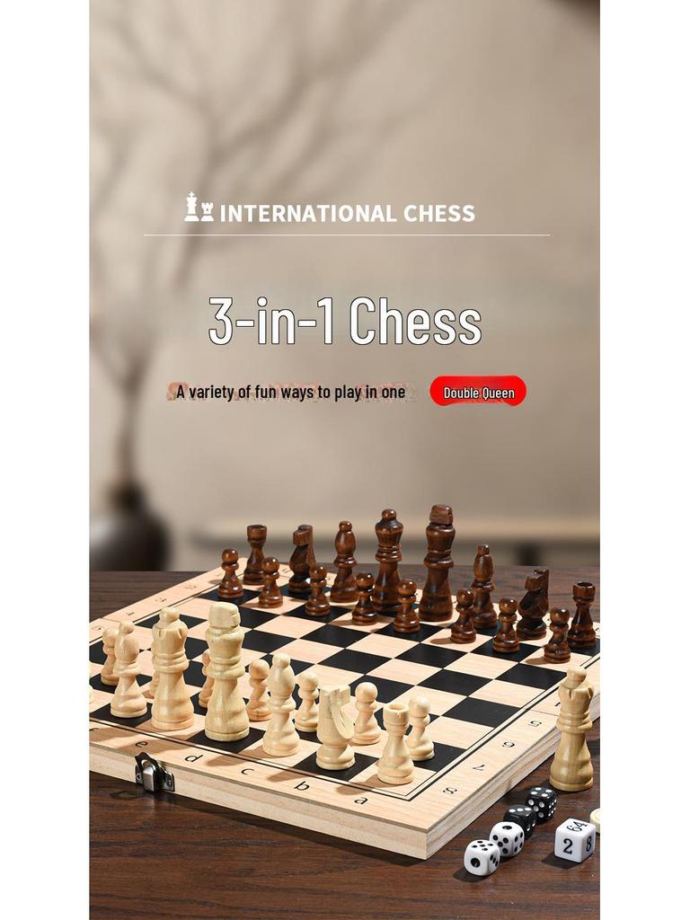 Premium Solid Wood 3-in-1 Chess Set: Chess, Double Queen, and Checkers