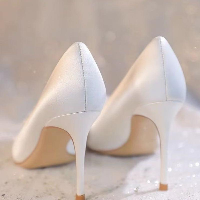 2026 Satin White Stiletto Bridal Heels - Sexy French-Inspired Wedding Shoes for Brides and Bridesmaids.