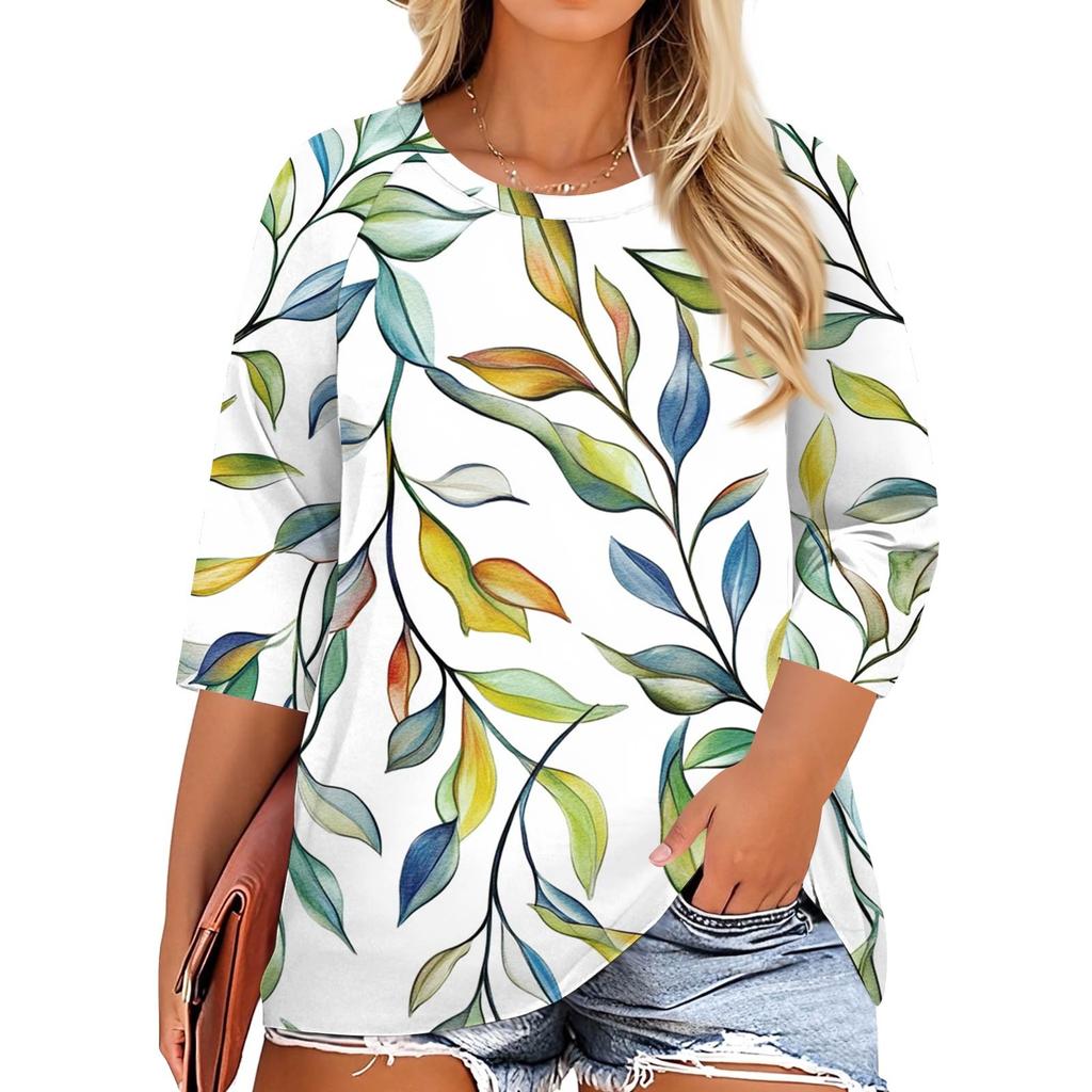 Women's Fashion Casual Print Round Neck 3/4 Sleeve T-Shirt Top