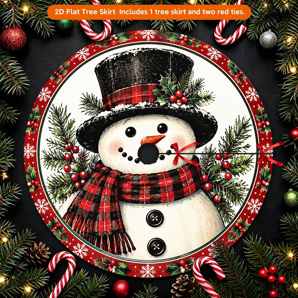 1pc Large Round Snowman Tree Skirt with Plaid Scarf - Adjustable Tie Closure Christmas Tree Cover, Holiday Decor Suitable for Indoor/Outdoor Use, Wint