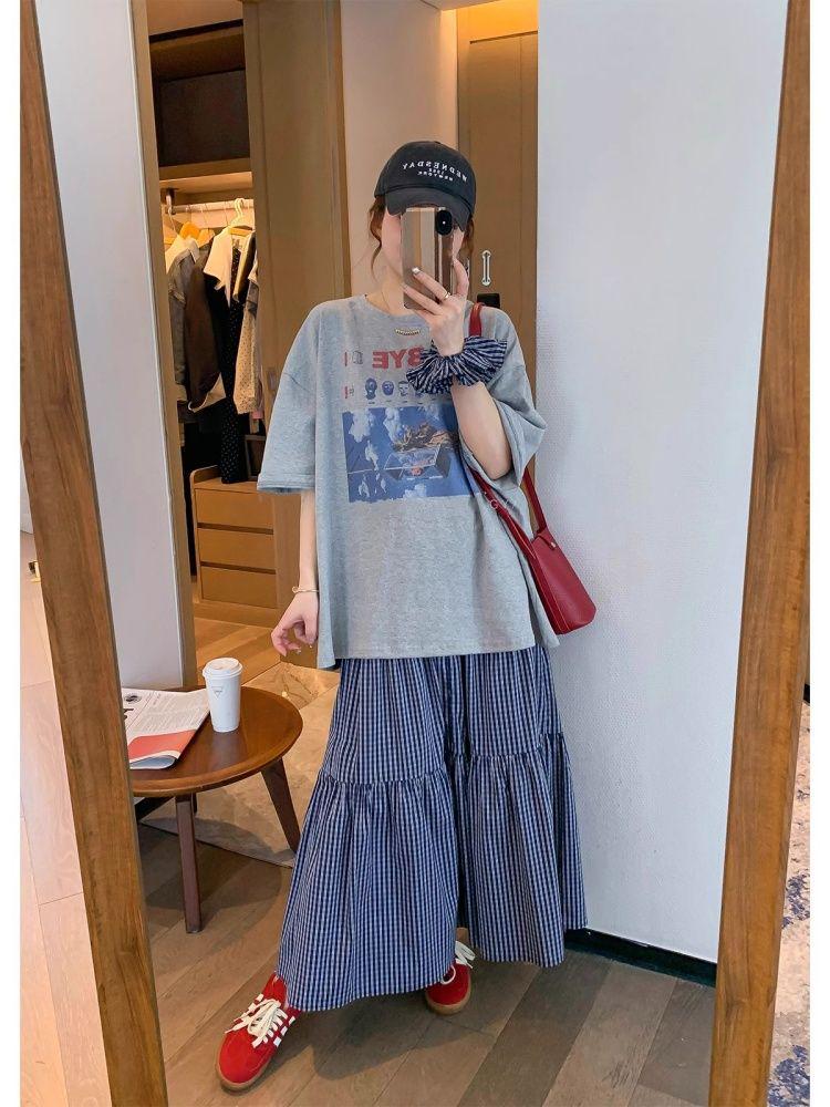 American Retro Style Women's Summer Casual Plaid Skirt & Loose Cotton T-Shirt Set