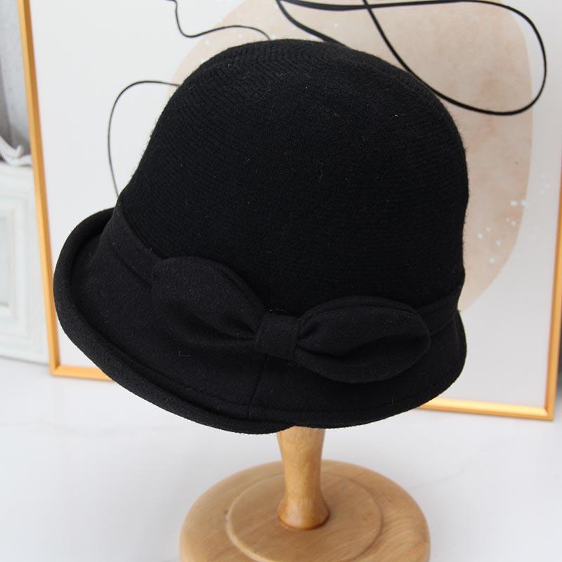 French bow knitted bucket hat women's autumn and winter retro basin hat short-brimmed top hat elegant and versatile small hat