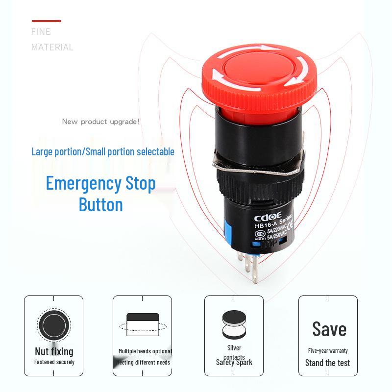 16mm Large Face Mushroom Head Emergency Stop Button - Latching Type Switch for Industrial Power Equipment