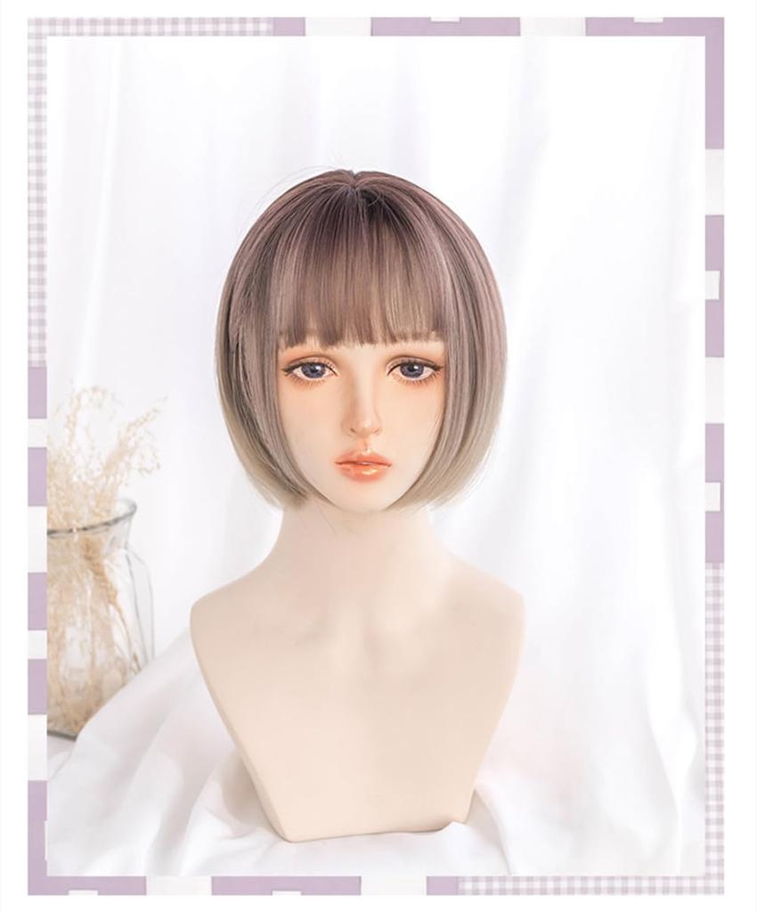 Eileen Bob Brown x Beige Parykk Naturlig Fluffy Parykk Rett Liten Ansiktseffekt Nett Inkludert Dame