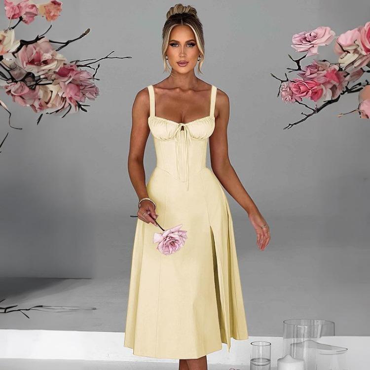 

Women Solid Color Knee-Length Dress V-Neck High Waist Backless Spaghetti Strap Design Sense M жёлтый