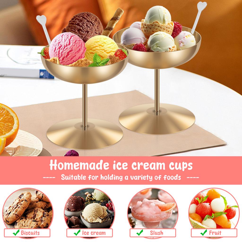 2 Stück Edelstahl Runde Fußschalen Eisbecher Rostbeständig Dessert Salat Kelchglas Party Servierschale für Geburtstag Hochzeit