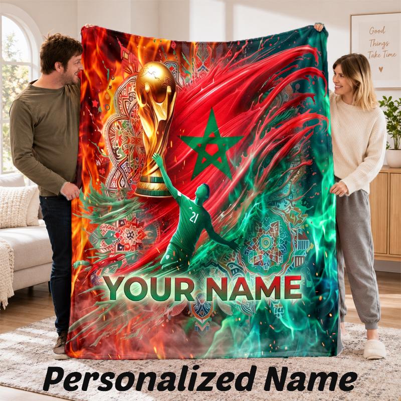 Morocco Football Personalized Flannel Blanket Custom Name Text Soft Throw Blanket Home Decor
