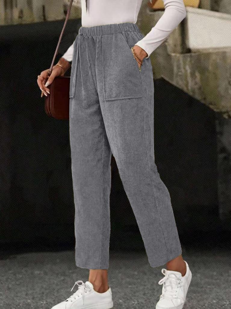 New Fall Women's Clothing Solid Elastic Waist Corduroy Pants Women Straight Leg Casual