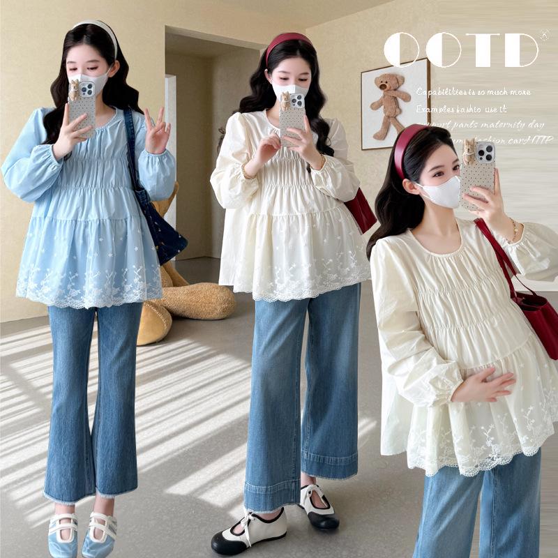 2026 Spring Maternity French Lace Patchwork Doll Shirt 2XL