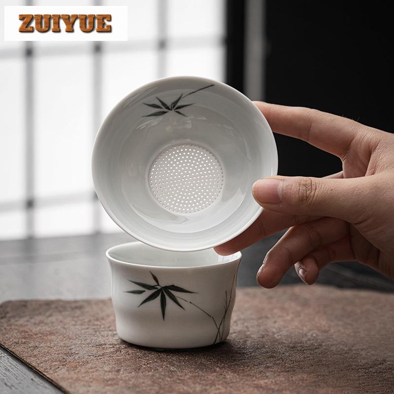 Handbemalter Bambus-Tee-Infusor Ästhetischer Weißer Porzellan-Tee-Brühsieb Tee-Filter Diffusor Teegeschirr-Zubehör Ornamente