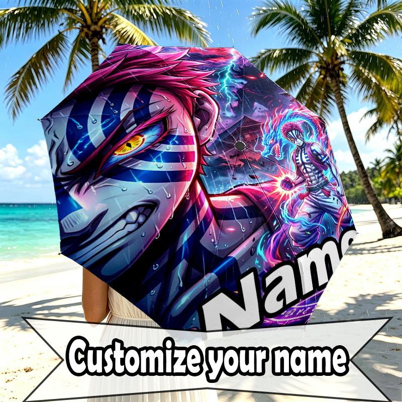 Custom Name Personalized Demon Slayer Print Umbrella, Auto Open Close, 8‑Rib Sturdy Frame, Commute Camping Hiking Use, Birthday Gift