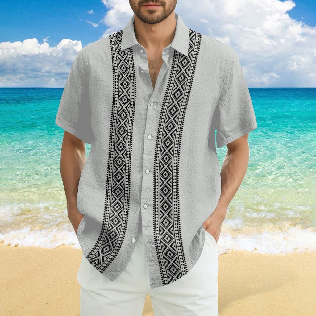 Men's Fashionable Casual Loose Striped Printed Beach Short-sleeved Shirt