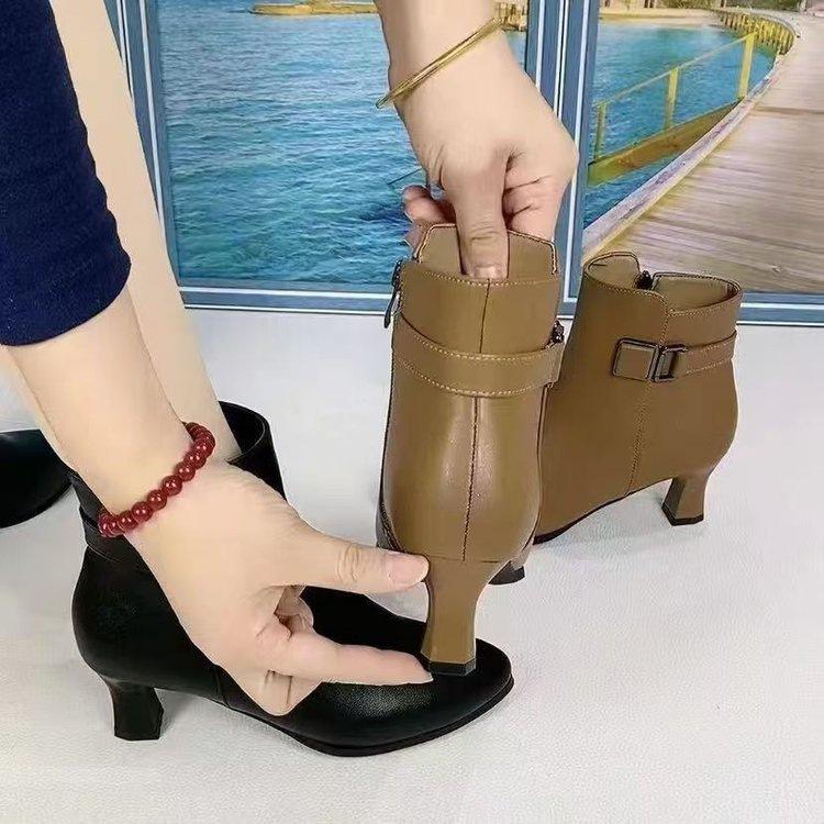 Versatile Pointed Temperament Zipper Martin Boots Women's 2025 Autumn and Winter New Velvet Women's Soft-soled Short Cotton Boots Leather Shoes