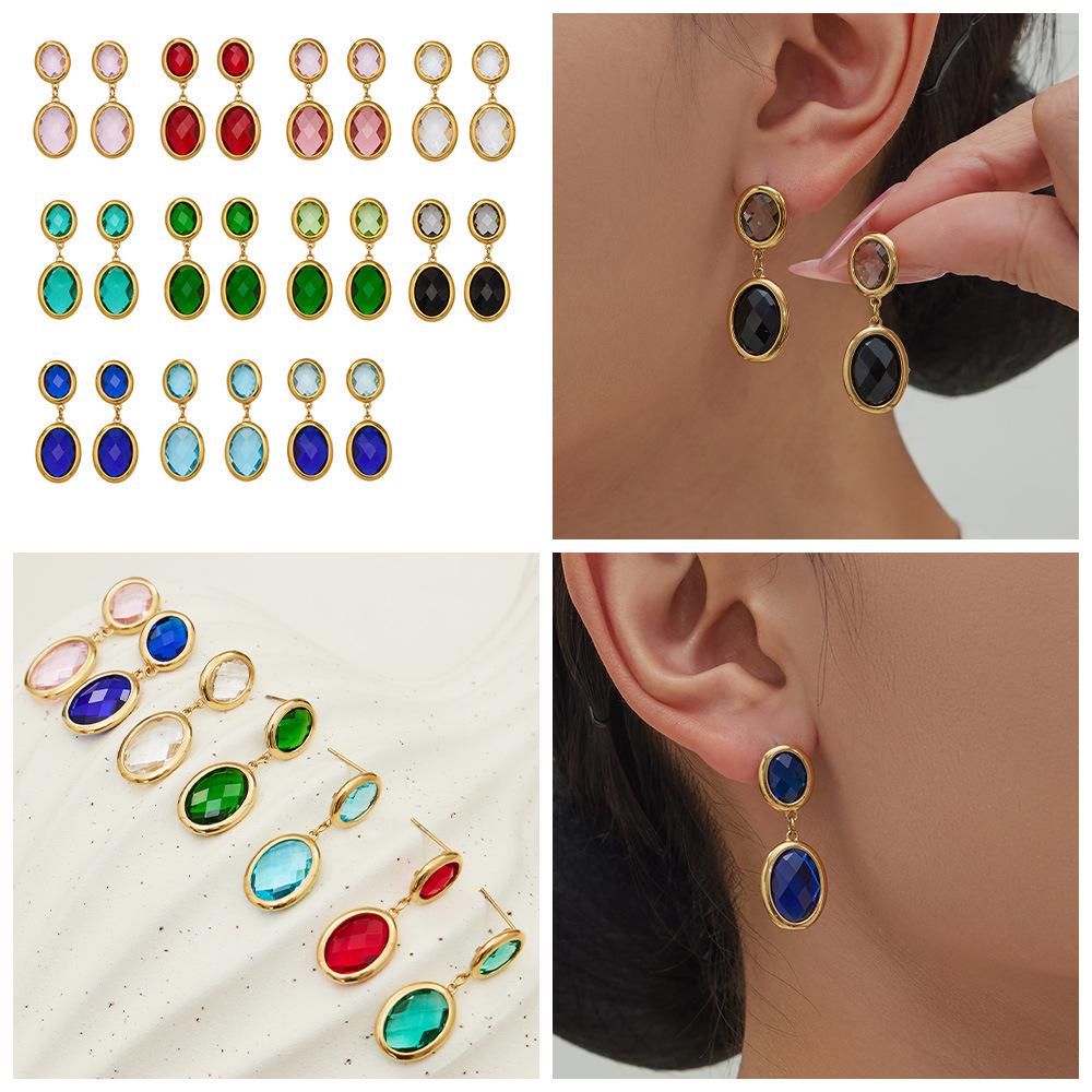Orecchini a Pendente Ovali Geometrici Placcati Oro 18K con Pietra di Vetro Sfaccettata