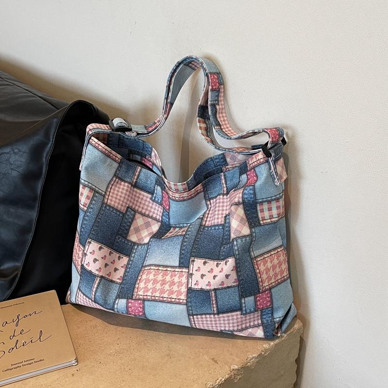 A Denim Style Plaid Fabric Material Casual Shoulder Bag, Can Be Crossbody, Large Capacity, Fashion Casual Popular
