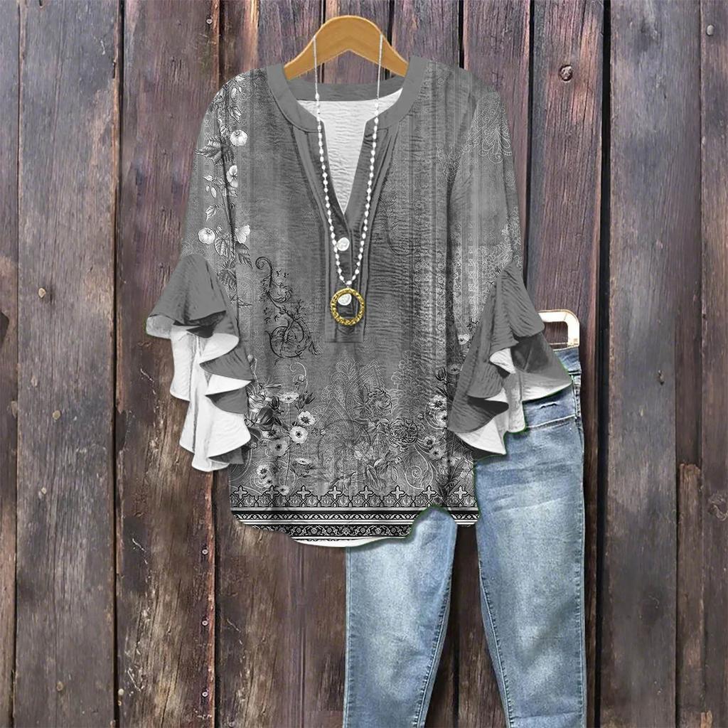 Modă Femei Casual Buton Gât V Mânecă Șapte Bluză Top Imprimeu Vintage