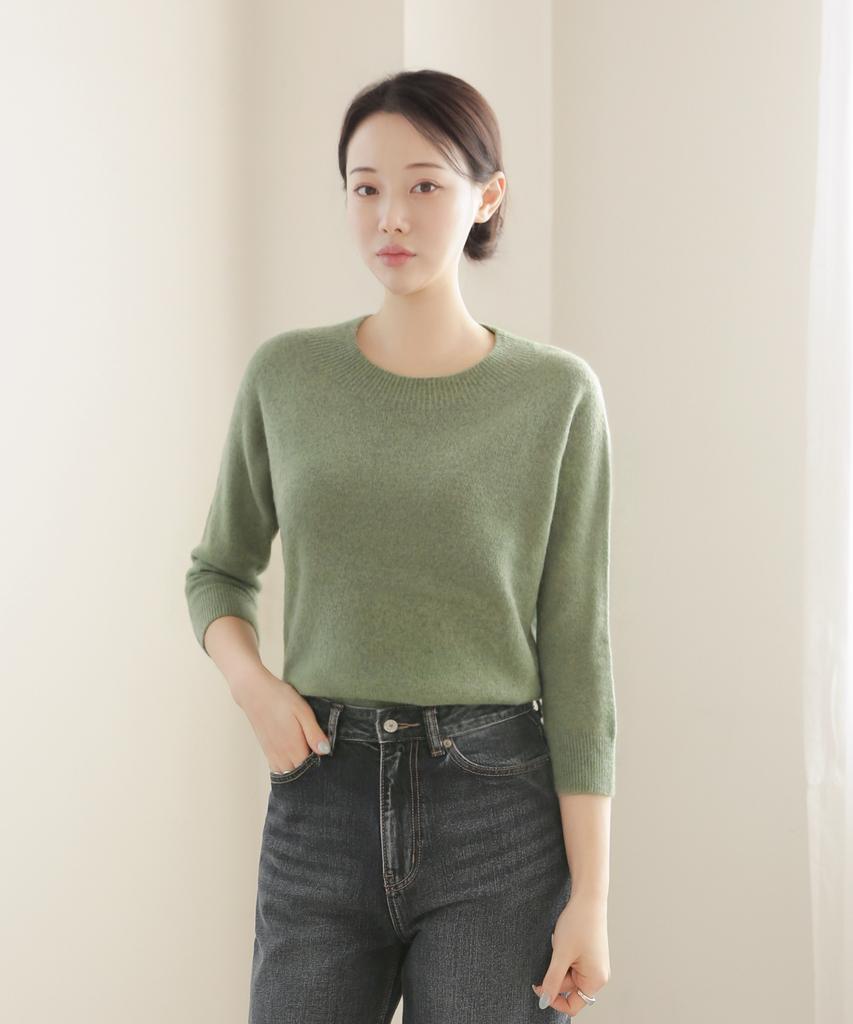 Keulleiseu 100% Wool Round Neck Raglan 3/4 Sleeve Knit_Light Purple