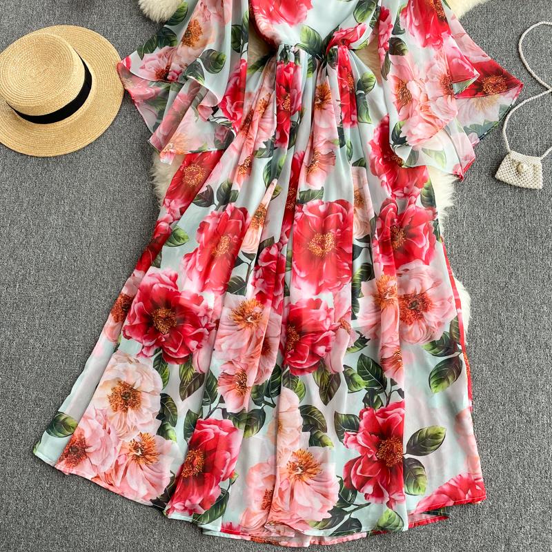 Summer Flower Series Elegant Print Fairy New Seaside Holiday Bell Sleeve Flowy Chiffon Dress