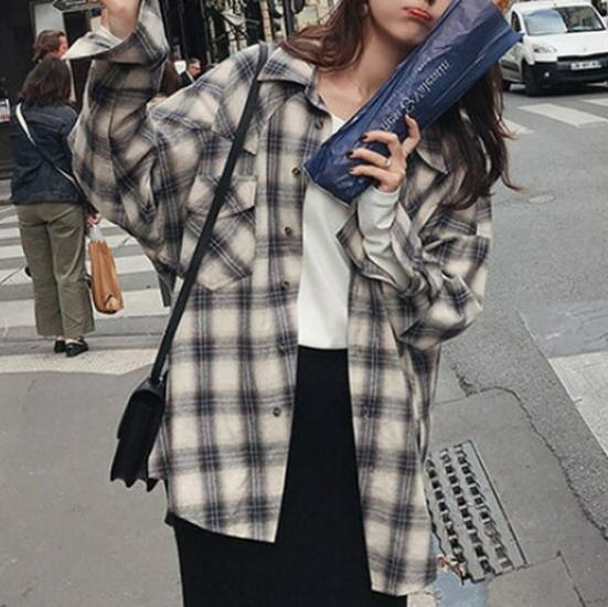 Chic Harajuku Rutig Skjorta - Dam Koreansk Retrostil, 2025 Vår Långärmad Hongkong-Inspirerad Lös Jacka