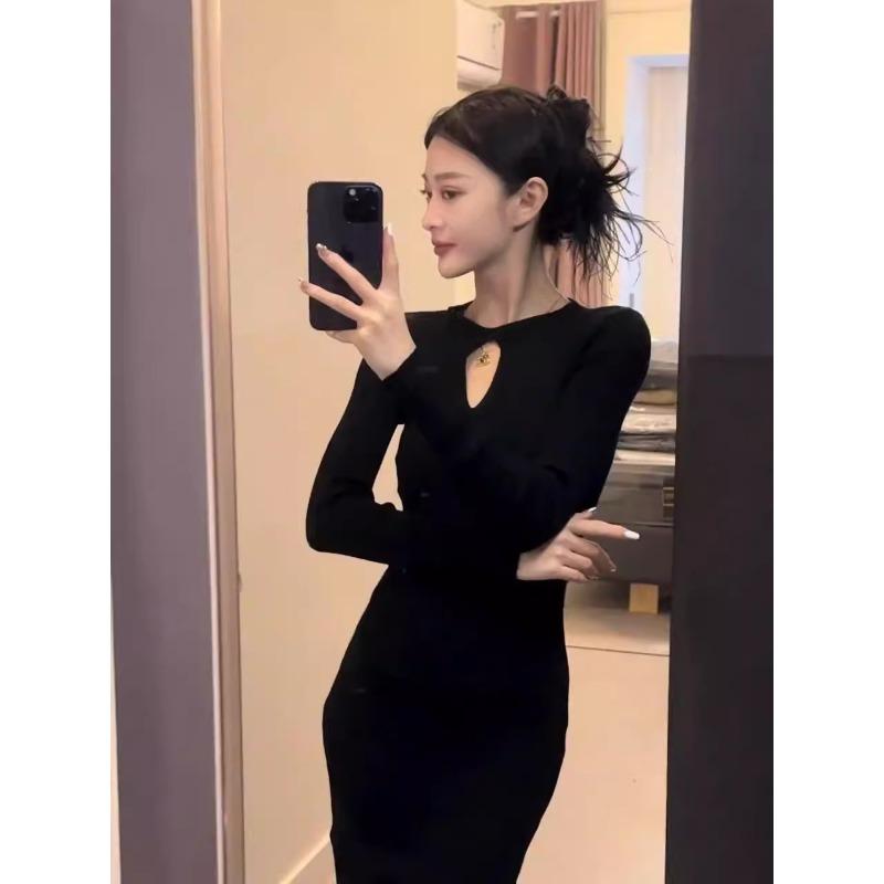 

[] Высококлассное черное трикотажное платье с длинным рукавом женское осенне-зимнее темпераментное платье в обтяжку XL чёрный