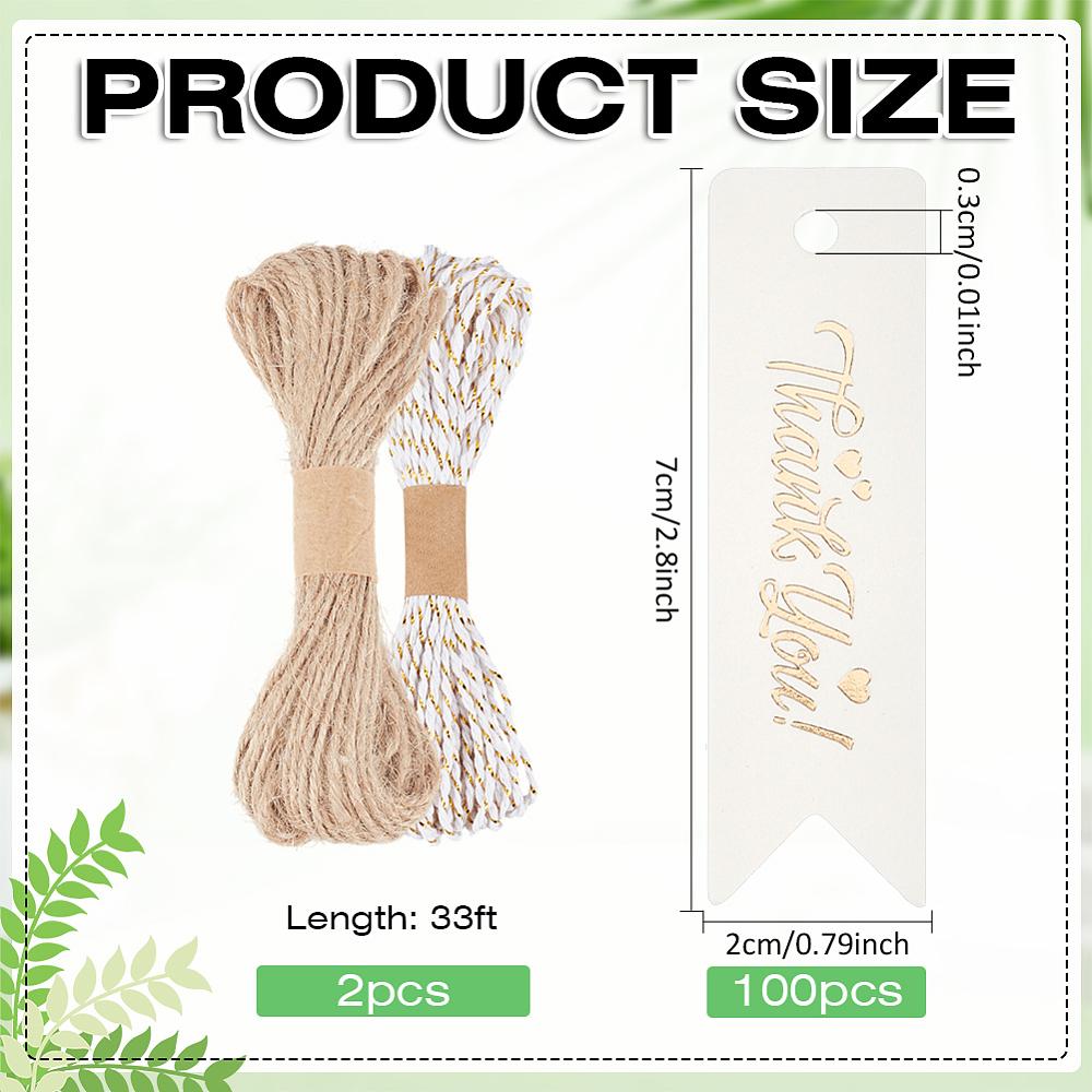 1set 100pcs Kraft Paper Thank You Gift Tags Rectangle with 10M Metallic String Threads and 10M Jute Cord White Gift Tag: 7x2x0.03cm