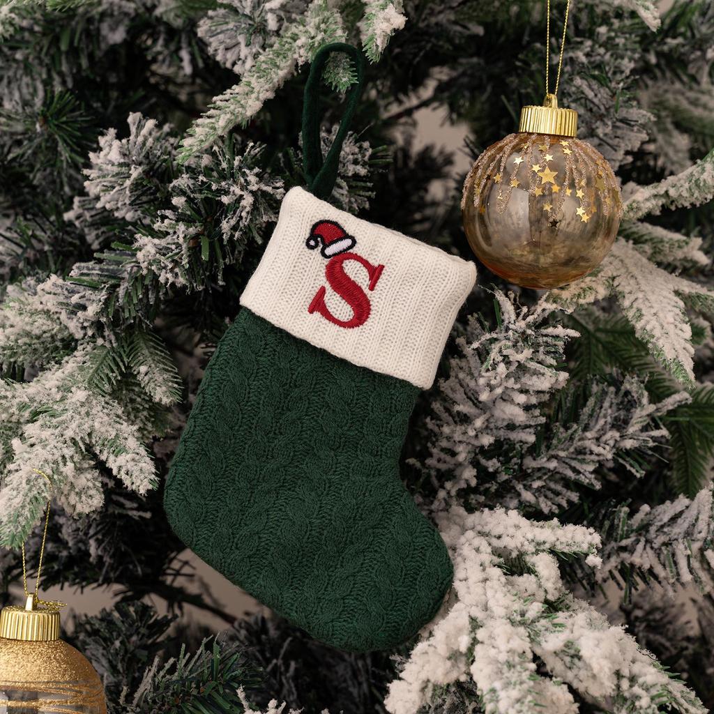 Haobei Green Knitted Christmas Stocking with Embroidered Lettering – Woolen Gift Bag Décor