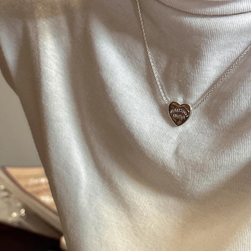 S925 Sterling Silver Heart-Shaped English Letter Necklace Blogger Style Niche Design Glossy Love Collarbone Chain