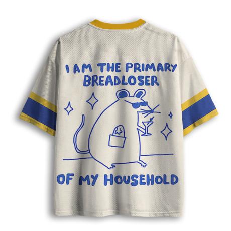 Hand Drawn Cool Mouse Funny Household Slogan Print Blue Yellow Color Block Mesh V Neck Loose Football Jersey T-shirt