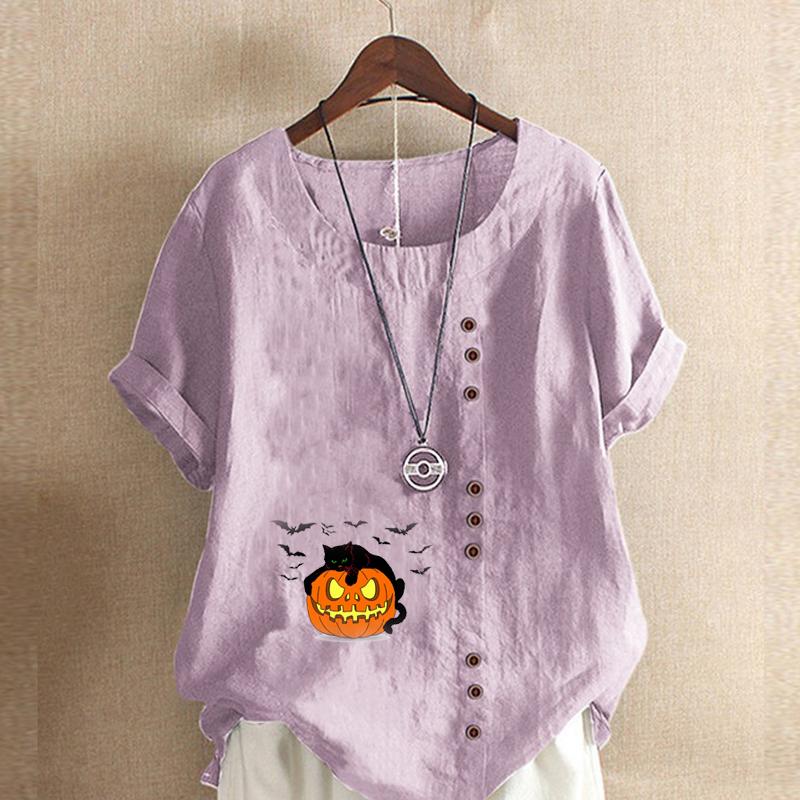 Women's Fashion Round Neck Short Sleeve T-shirt Casual Cotton Linen Graphic Shirt Leisure Loosepumpkin Lantern Prined Summer Blouse Tops