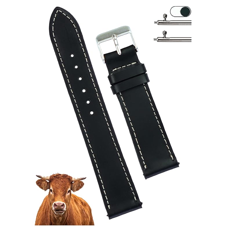

[vinacreations] black 20mm cowhide genuine leather watch strap quick release spring bar men s calf leather replacement watch band leather With wrist