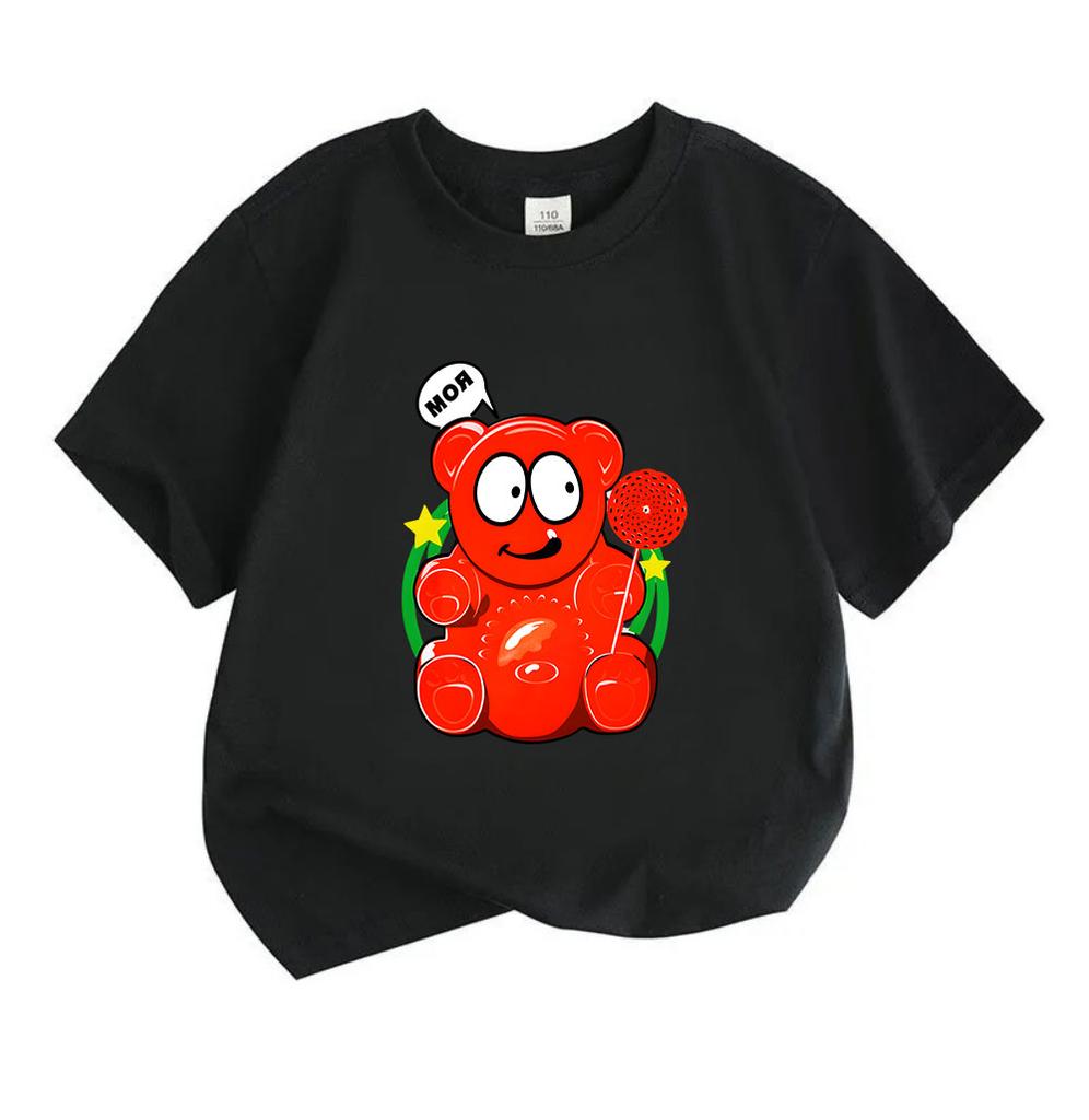 Kids Boys Girls Crew Neck Short Sleeve 100% Cotton T-Shirt Cute Glossy Red Gummy Bear Print Casual Lightweight Soft Summer Daily Tees for Children
