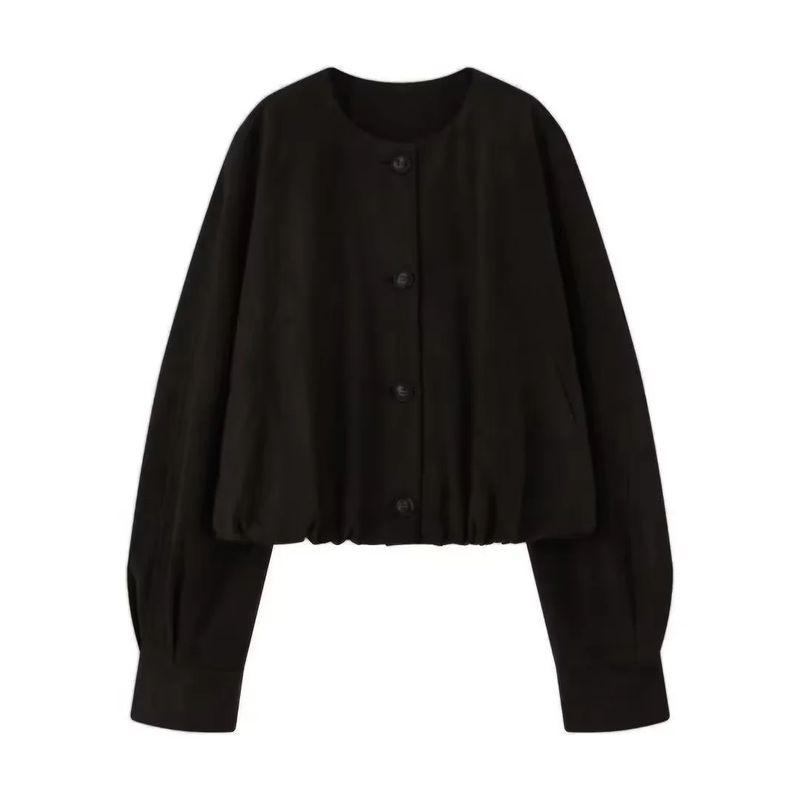 Fall Women's Clothing Balloon Hem Round Neck Long Sleeves Suede Textured Leather Jacket Outwear 3322043