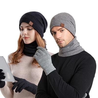 Gorro de lana de punto cálido Gorro de invierno Bufanda guantes Conjunto de tres piezas Protector de orejas de forro polar Gorro tipo jersey