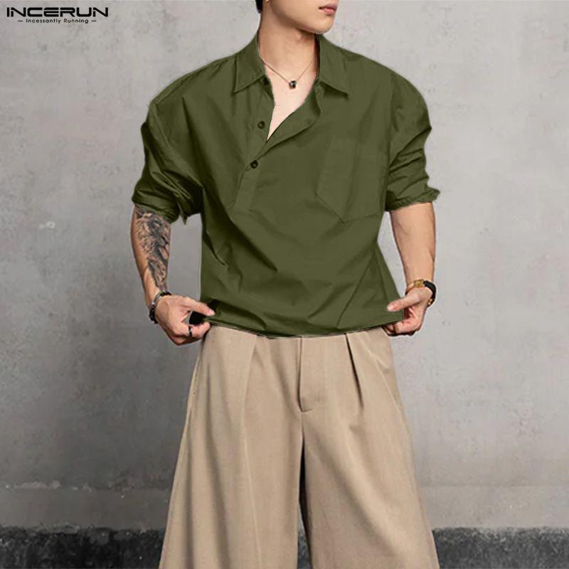 INCERUN Men Lapel Neck Long Sleeve Solid Color Casual Loose Shirts Tops