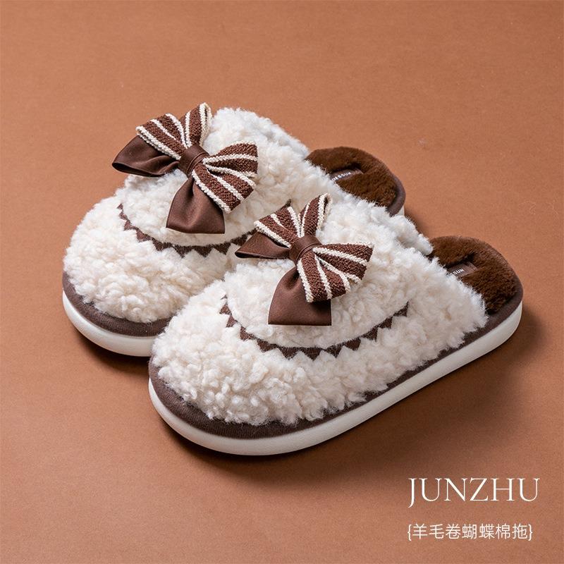 New winter women's wool roll butterfly cotton slippers warm indoor home non-slip fluffy slippers