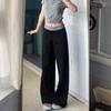 Women's Black Sports Sweatpants - Loose, Straight, Wide-Leg, Floor-Length, Slimming Drape, Spring Casual Wear