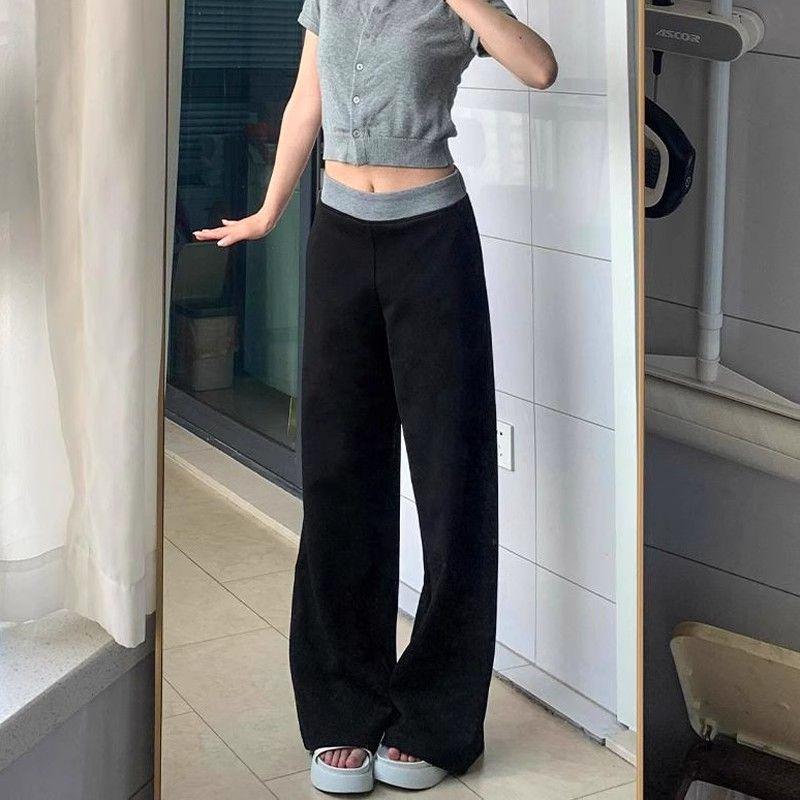 Women's Black Sports Sweatpants - Loose, Straight, Wide-Leg, Floor-Length, Slimming Drape, Spring Casual Wear