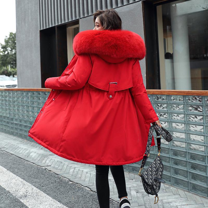 

Женская осенне-зимняя куртка, парка, утепленная хлопковая подкладка, средней длины, с меховым воротником и капюшоном, регулируемая талия, однотонный цвет, M-6XL 6XL красный