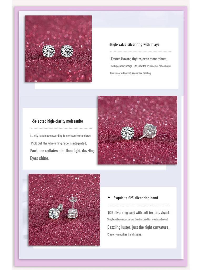 Kolczyki sztyfty ze srebra próby 925 z moissanitem na czterech ząbkach dla kobiet - Proste, Modne, Wszechstronne, Design dwukaratowy