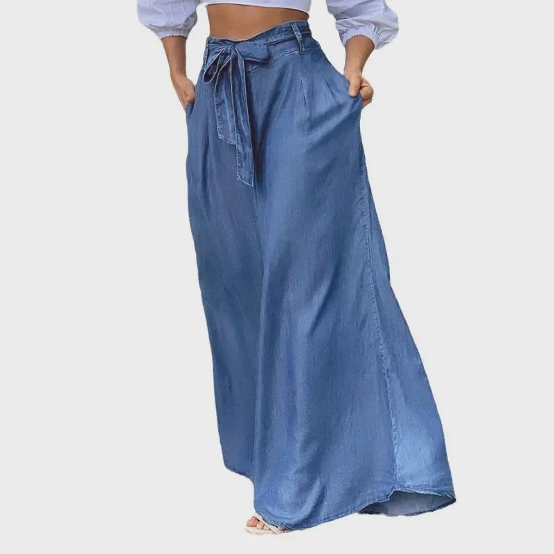 2023 Women's High-Waist Wide-Leg Denim Pants with Elegant Lace-Up