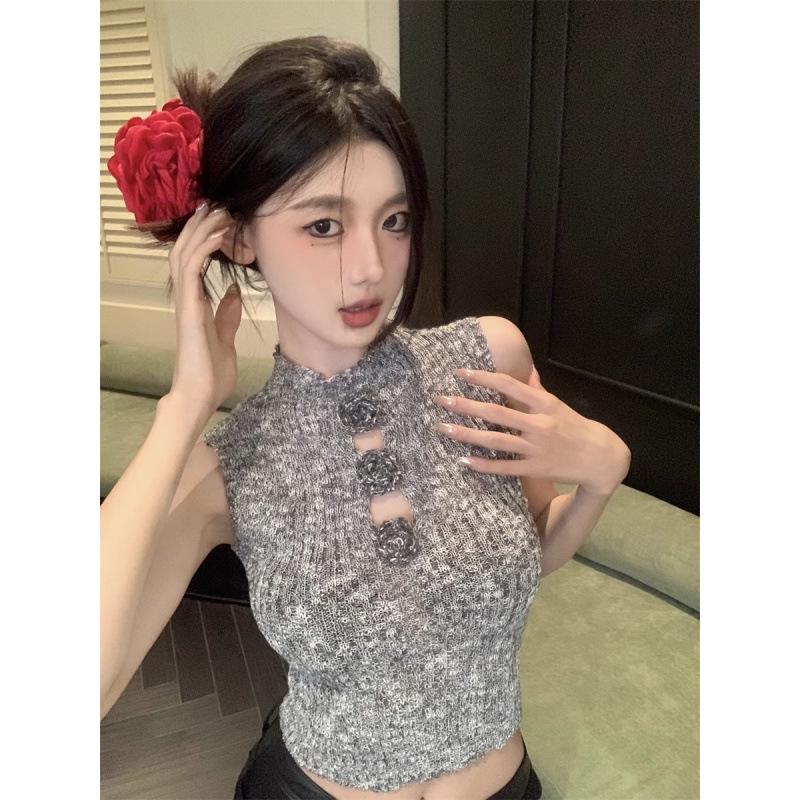 2025 Spring/Summer Hong Kong Style Spicy Girl 3D Floral Hollow Cropped Slim Vest Trendy Knitwear