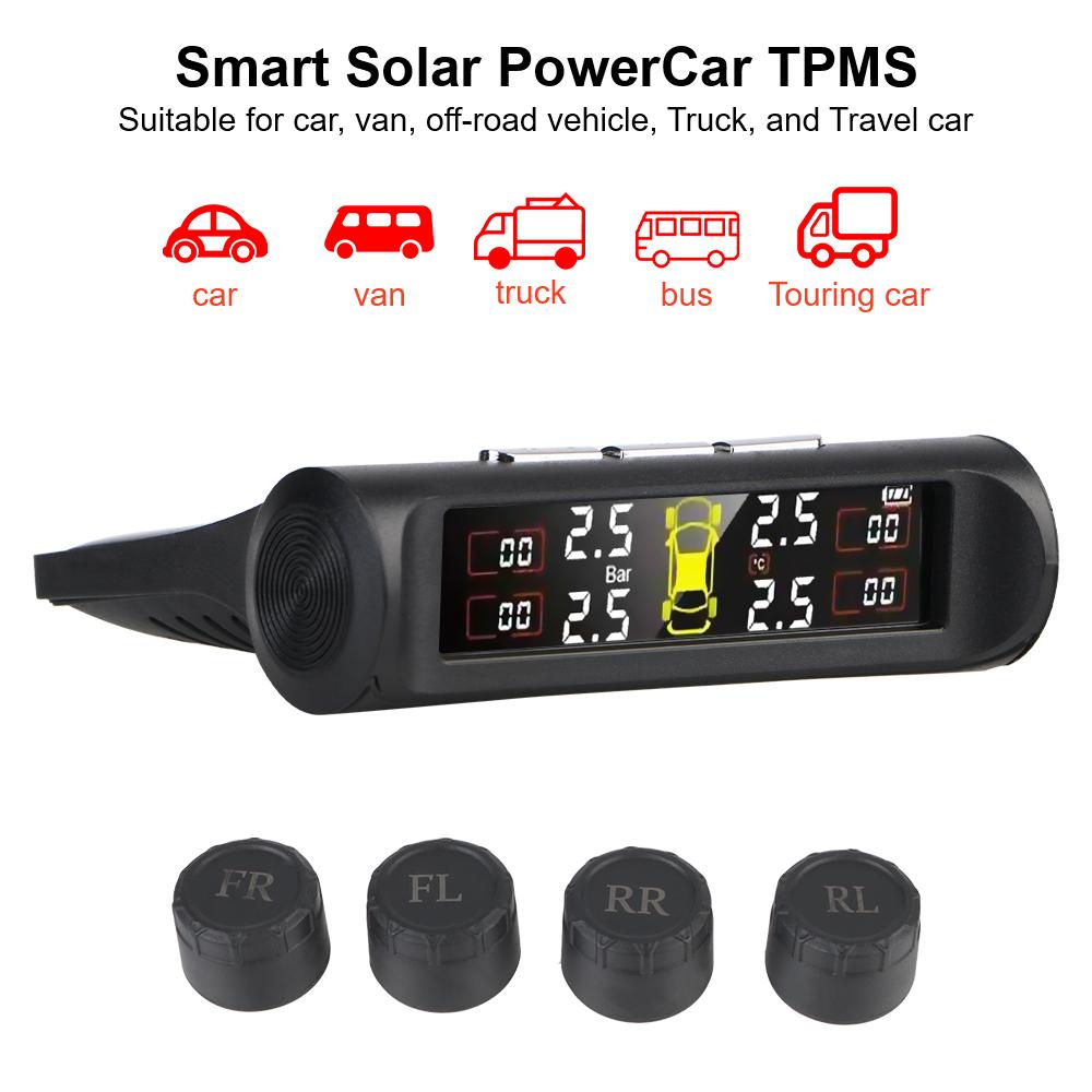 Solcellsdriven Digital LCD-display Auto Säkerhet Universellt Däcktrycksövervakningssystem Smart Extern Bil TPMS 0,1-8Bar USB-laddning