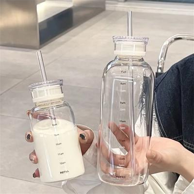 550-750ml Γυάλινο Μπουκάλι Νερού Μεγάλης Χωρητικότητας Με Δείκτη Ώρας Διαφανές Γυάλινο Κύπελλο για Χυμό Γάλα με Καπάκι και Καλαμάκι Μπουκάλι Ποτού