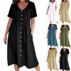 Women's Casual Loose V Neck Short Sleeve With Pockets Buttons Elegant  Swing Dresses