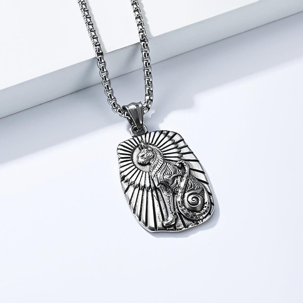 Street Fashion Ancient Egyptian Cat God Bast Necklace for Men, Artistic Vintage Titanium Steel Pendant